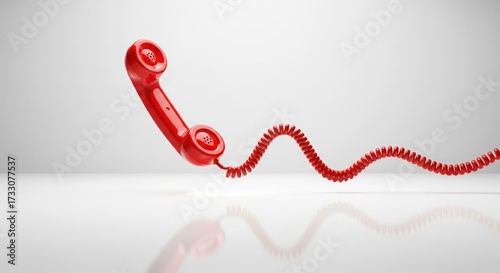 A red telephone receiver with a coiled cord on white surface