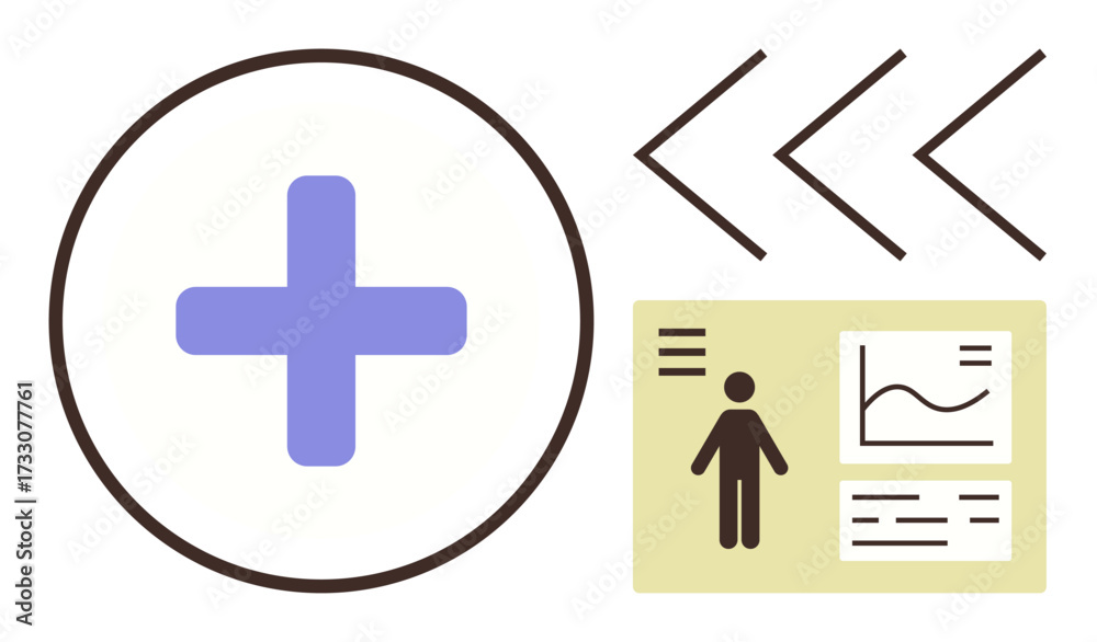 Obraz premium Cross in circle, arrows, and medical data chart with human figure and graph overview. Ideal for healthcare, data, analysis, progress, decision making digital tools organization. Simple flat