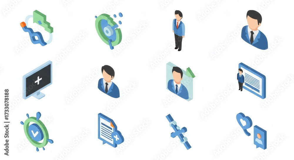 Fototapeta premium Comprehensive Isometric Icon Set for Modern Digital Solutions, Showcasing Business, Technology, and Human Resources Concepts with Professional Design Elements
