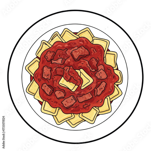 An overhead illustration of a white plate filled with square ravioli pasta and a chunky red meat sauce.