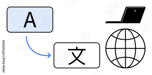 Blue arrow connecting letter A to foreign character, laptop, and globe. Ideal for translation, global communication, technology, education, linguistics accessibility international business. Simple