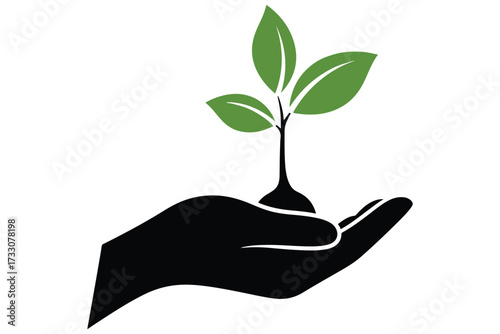 Hand holding plant silhouette isolated on white background, symbolizing growth, care, and environmental stewardship against a pristine, minimalist setting vector illustration