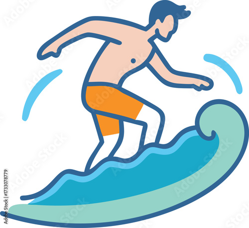 Flat graphic of surfer riding wave crest.