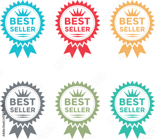 set of labels with ribbons. Bestseller icon designs set with laurel, best seller badge logo template isolated on white background.