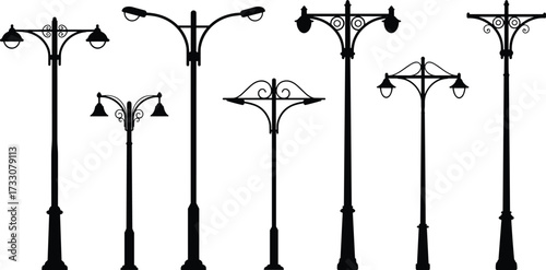 Decorative street lamps, ornate design, urban lighting, park furniture, architectural elements, silhouette, black, white, vintage lanterns, city planning, outdoor style