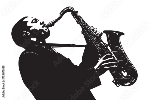 A black and white illustration of a man playing the saxophone isolated on white background, capturing the passion and artistry of a jazz musician vector illustration