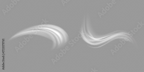 Airflow, white fumes or chilly breeze movement effect, isolated on a transparent background. Realistic vector depiction of abstract wind currents
