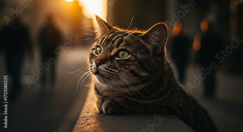 Striped Cat Observing People Walking at Sunset
