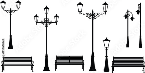 Street lamps, benches, urban design, city planning, architectural elements, silhouette, black, white, ornate lanterns, outdoor furniture, park, public space