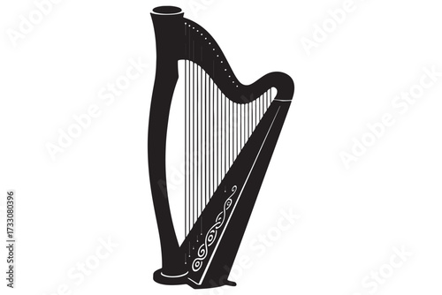 Silhouette of a harp isolated on white background, showcasing its elegant curves, strings, and musical instrument representing harmony and artistic expression vector illustration