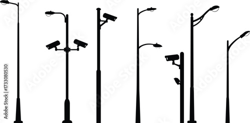 Street light poles silhouette, surveillance cameras, urban lighting, public safety, city infrastructure, security system, modern design, road safety, smart technology, monitoring