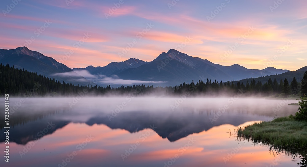 Fototapeta premium Serene mountain lake at sunrise with reflecting peaks and misty atmosphere