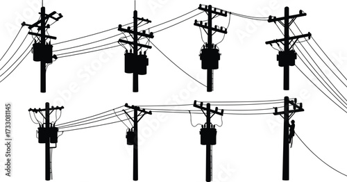 Utility pole silhouettes, electrical distribution system, power lines, transformers, crossarms, insulators, maintenance worker, energy infrastructure, industrial grid, electricity transmission