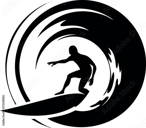Vector silhouette of a surfer inside a wave tube.