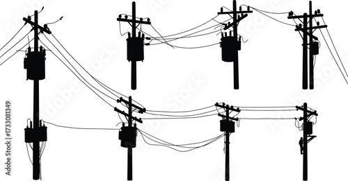 Utility poles, electrical transformers, power lines, energy distribution, electricity grid, infrastructure, urban network, silhouette, industrial structure, technology, black, white