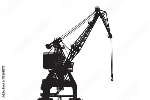 Silhouette of a harbor crane isolated on white background, a towering structure used for lifting heavy loads in shipping and industrial settings vector illustration
