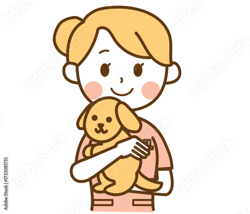 犬を抱く看護師の女性