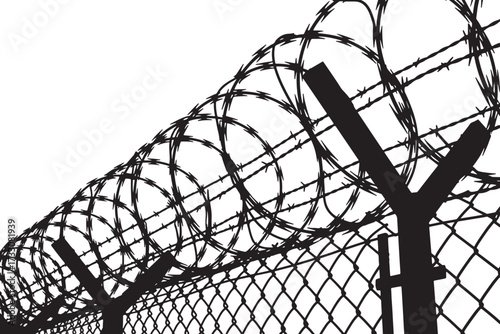 A highangle shot of a chainlink fence topped with barbed wire, isolated on white background, creating a sense of confinement and security measures vector illustration