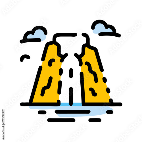 Dynamic waterfall cascades down vibrant yellow mountain peaks under fluffy clouds, creating a stunning natural spectacle for any project.