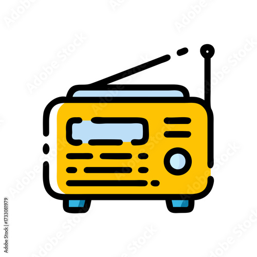 Vintage yellow radio icon with antenna and dial, perfect for retro music or broadcast themes