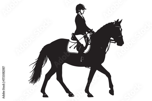 A silhouette of a dressage rider on horseback, isolated on white background, showcasing the elegance and precision of equestrian sport and horsemanship vector illustration