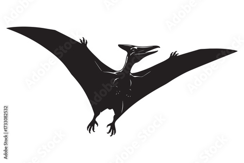 Pterodactyl silhouette isolated on white background, showcasing its distinctive features and prehistoric charm against a clean backdrop, creating a striking image vector illustration