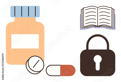 Medicine bottle, pills, open book, and lock highlight themes of healthcare access, privacy, security, knowledge, digital health and research. Ideal for healthcare security privacy education