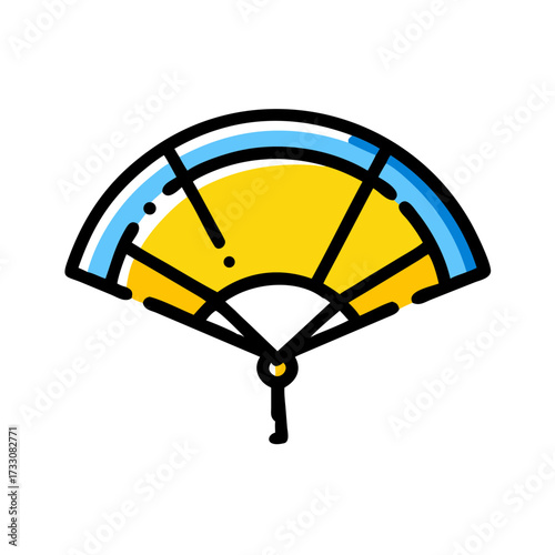 Vibrant yellow and blue folding fan with delicate tassel, perfect for cultural displays and elegant decor