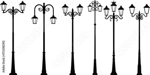 Vintage street lamps silhouette, ornate lanterns, decorative lighting, classic lamp posts, urban design, historical style, city infrastructure, public lighting, architecture detail