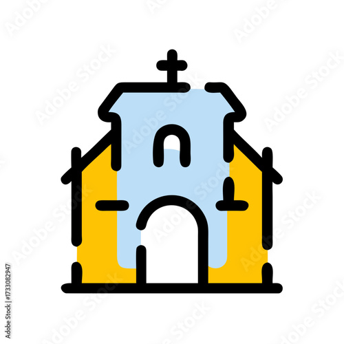 Charming stylized church building with steeple and archway, perfect for religious themes and community representation.