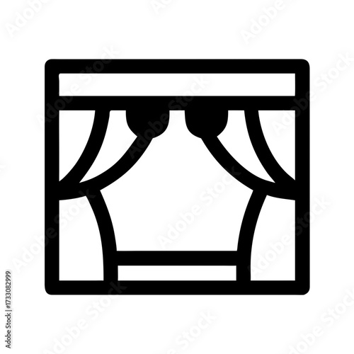 Simple black theater stage curtains icon representing performance, entertainment, and dramatic reveals for creative projects.