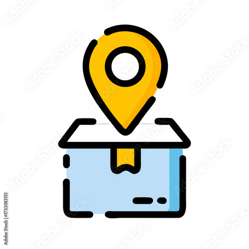 Dynamic location pin marking a modern delivery box, symbolizing efficient logistics and global shipping services for e-commerce.