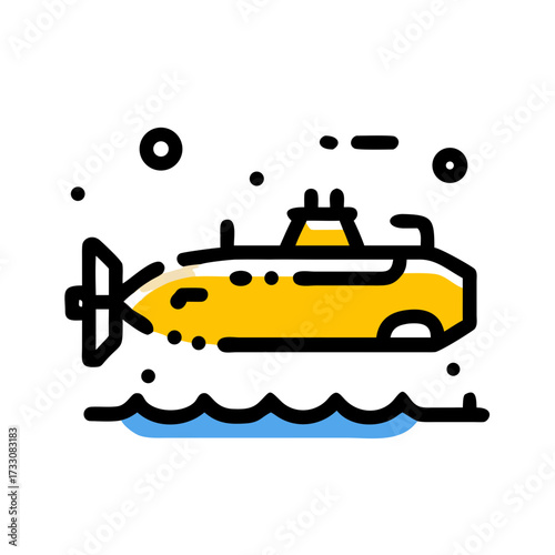 Vibrant yellow submarine exploring ocean depths with bubbles and waves creating a dynamic underwater scene
