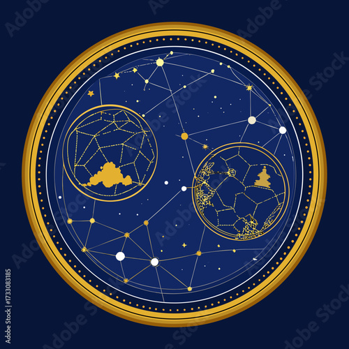 Circular and oval badges that resemble vintage celestial maps. They feature intricate constellations (like Orion or Ursa Major) connected by fine lines, set against a dark blue or deep night sky backg