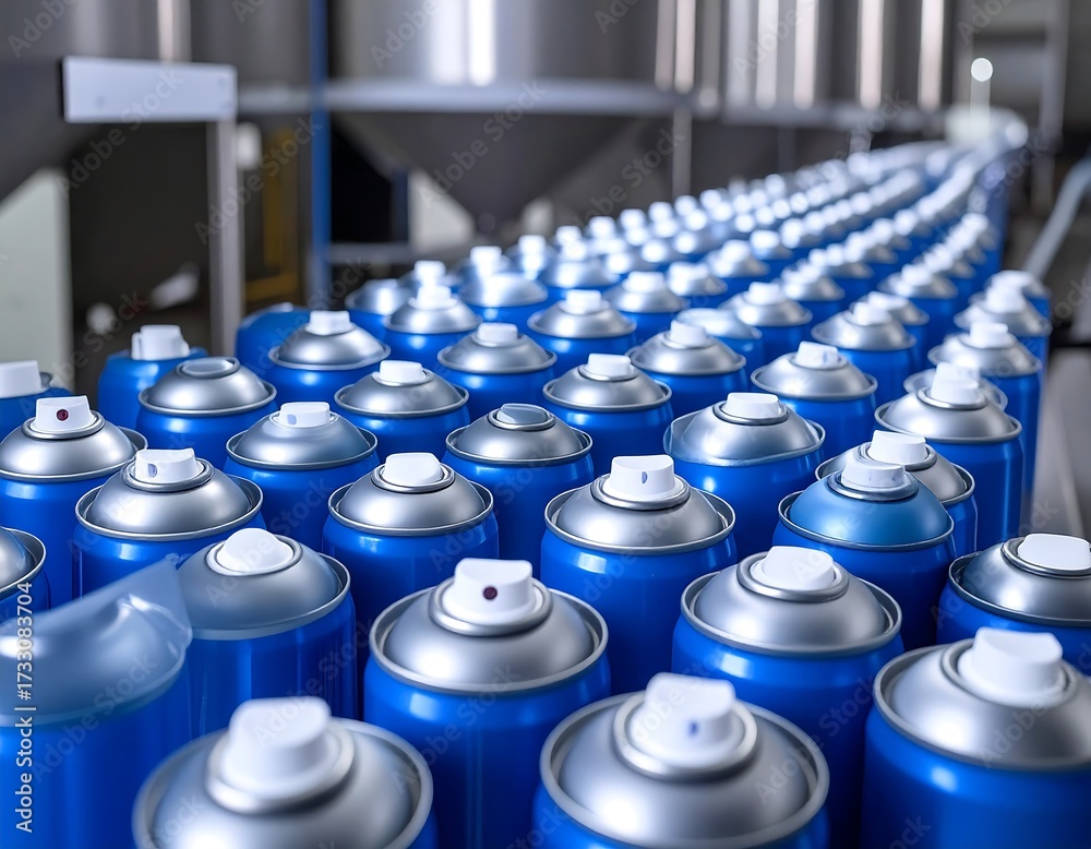 Obraz premium Rows of blue spray cans on a conveyor belt in a factory