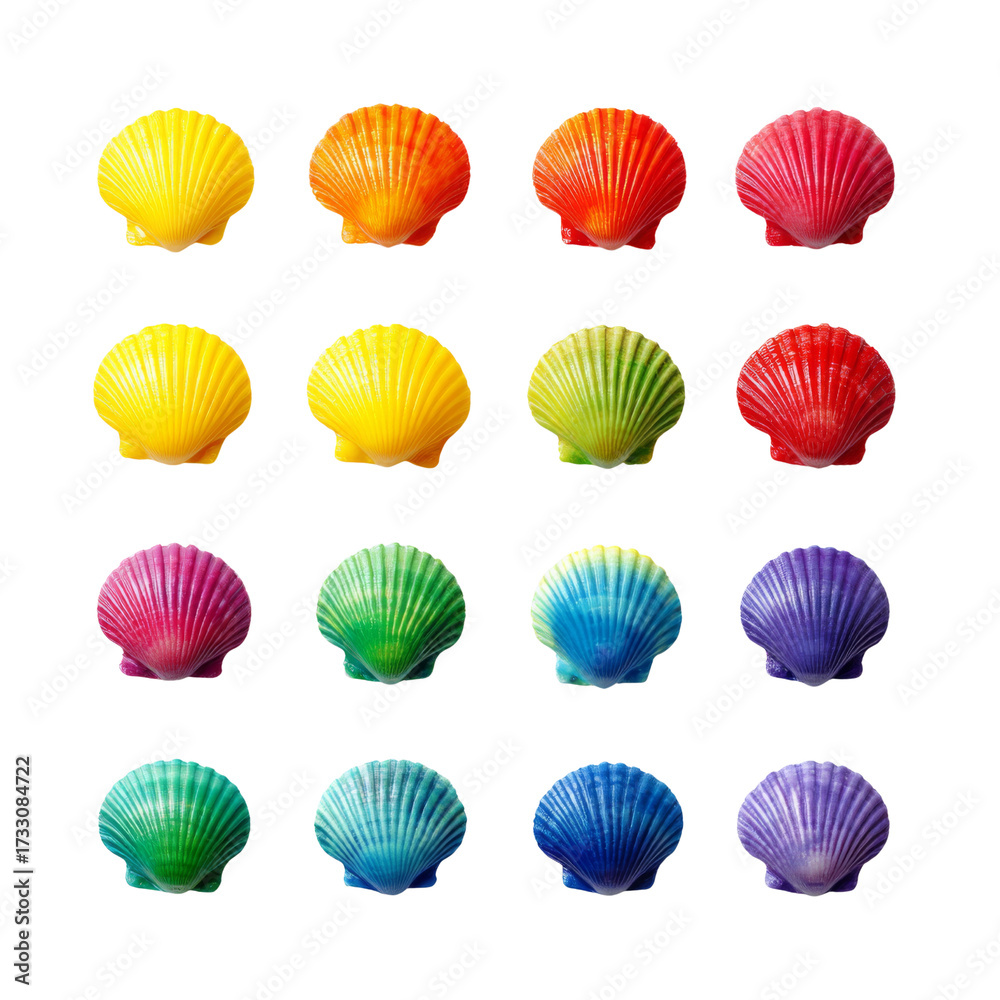 Fototapeta premium Colorful Shells Arrangement in a Grid Pattern - Vibrant Marine Life Decor Elements for Creative Projects