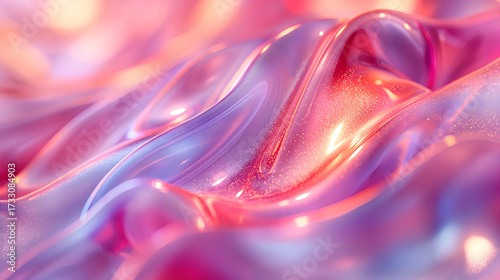 Iridescent, holographic waves in pastel pink–purple–blue tones with glossy, glass-like sheen and floating sparkles