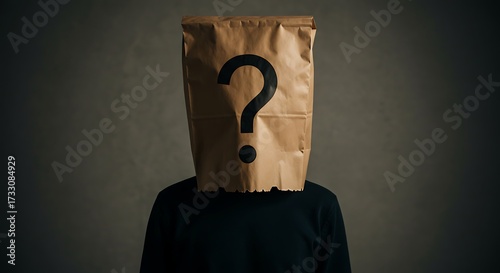 Person with question mark on paper bag head mystery concept