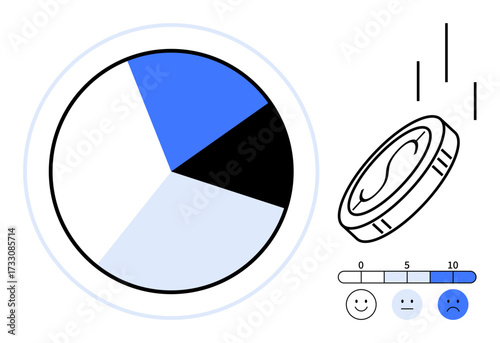 Circular pie chart with segments, feedback scale from happy to sad faces, and a falling coin. Ideal for analytics, finance, feedback, evaluation, choices, decision-making simple flat metaphor