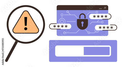Magnifying glass highlights warning sign next to digital password interface with lock and passwords masked for security. Ideal for cybersecurity, data protection, hacking prevention, safety