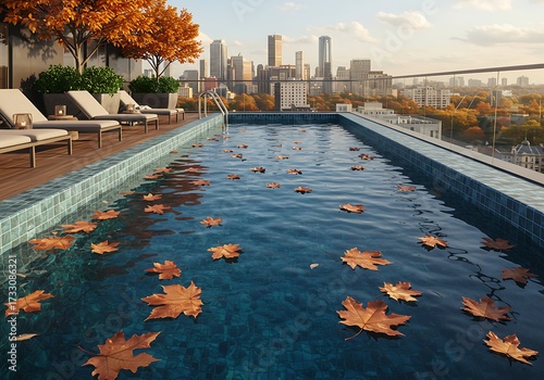Autumn rooftop pool with city view