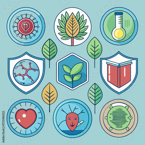 A collection of badges and frames designed to look like scientific illustrations. Think circular badges shaped like a cross-section of a plant stem, a virus model, a molecule structure, or a anatomica