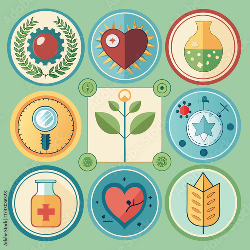 A collection of badges and frames designed to look like scientific illustrations. Think circular badges shaped like a cross-section of a plant stem, a virus model, a molecule structure, or a anatomica