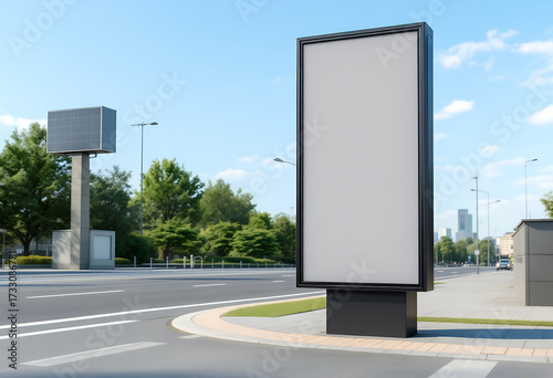 Vertical billboard mockup, brushed aluminum extrusion frame 40 mm, poster vinyl 0.25 mm matte laminated, size 1000×1600 mm portrait, installed on concrete pavement at bus stop, background with cars 