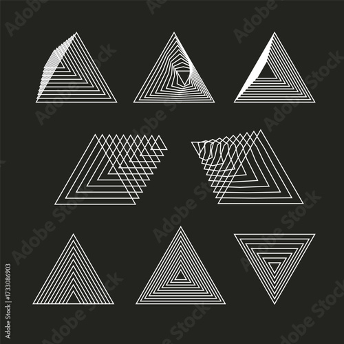 Abstract geometric triangle patterns creating dynamic optical illusions and visual depth, ideal for modern design