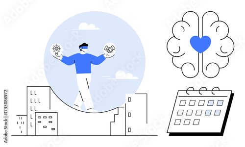 Person balancing lightbulb and handshake icons above cityscape, brain with heart, and calendar. Ideal for innovation, teamwork, emotional intelligence, time management, mindfulness, balance success