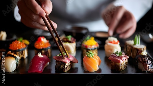 Hands carefully plating sushi omakase set on black tray, elegant modern table with clear side space 