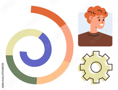 Spiral diagram showcasing progress, young person s portrait symbolizing a user, and cogwheel representing process or settings. Ideal for workflow, personalization, data, progress, management