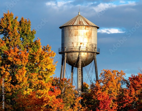 Rustic Water Tower Stands Tall Amidst Vibrant Autumn Foliage Under a Clear Blue Sky.