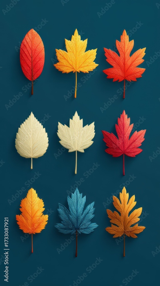 Fototapeta premium Vibrant autumn leaves arranged artistically on a blue background showcasing seasonal colors and textures